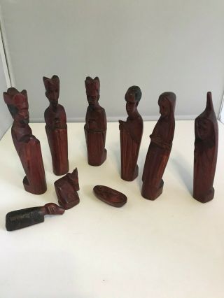 Hand Carved Wood Nativity Dark Red Stained Wood Mid Century Modern Vintage
