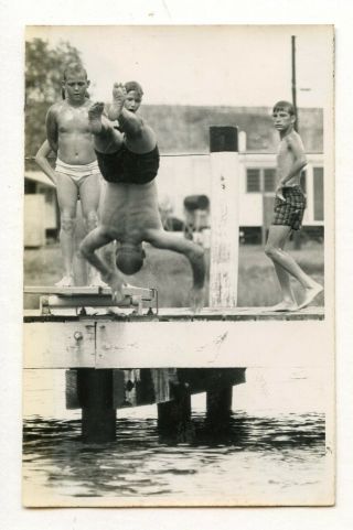 2 Vintage Photo Swimsuit Boys Mid - Dive Diving Pier Camp Man Snapshot