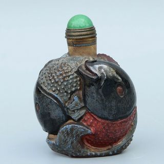 Collectable Qianlong Years Old Bronze Jade Carve Intereesting Fish Snuff Bottles