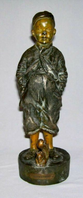 Antique Bronze " Contentment " Figurine - Statue W/young Boy & Squirrel