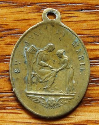 Antique End 1800 Religious Medal St Ann Teaching To Teenager Mary,  Crowned Sacred