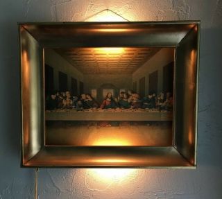 Vintage Jesus At The Last Supper Framed Picture Lighted 2 Bulb Wall Hanging