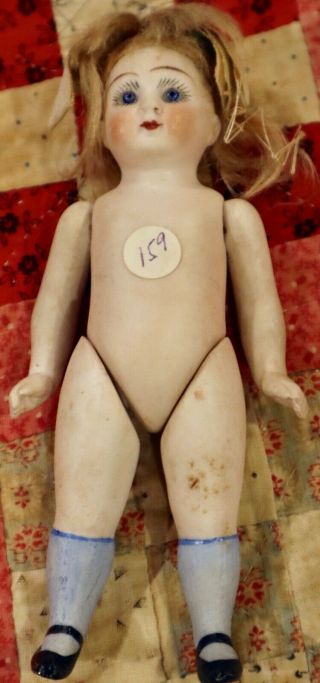 Antique 6 " German Fully Jtd All Bisque Doll W/glass Eyes W/long Blue Stockings