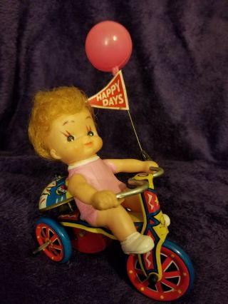 Vintage Tin Wind Up Girl On Tricycle Mechanical Toy Mtu Korea
