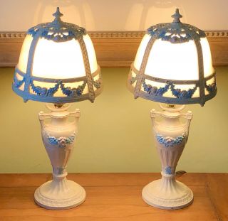 Antique Cast Iron Bent Slag Glass Boudoir Vanity Table Lamp Orig Pair