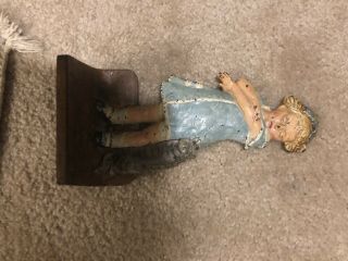 Rare Antique Judd Solid Cast Iron Girl Child Doorstop With Cat And Scratches