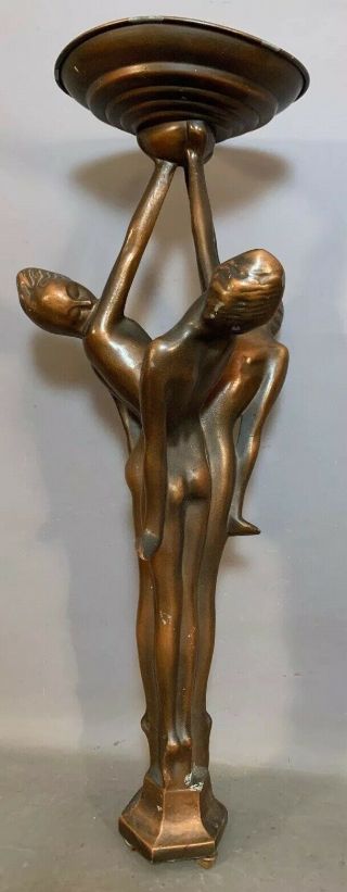 Lg Antique Art Deco Ashtray Bronzed Figural Nude Lady Statue Old Smoking Stand