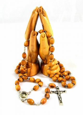 Holy Land Hand Carved Olive Wood Praying Hands With Olive Wood Rosary Beads