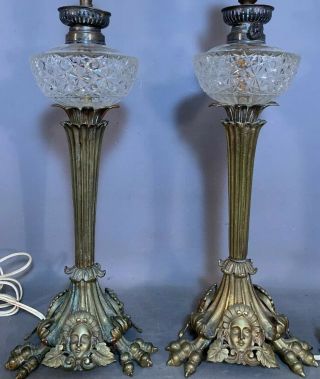Antique 19thc Gothic Victorian Old Bronze Claw Feet Ormolu Lady Bust Oil Lamp