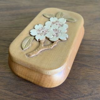 Vintage Japanese Hand Carved Wood Trinket Box Cherry Blossoms Signed Stunning