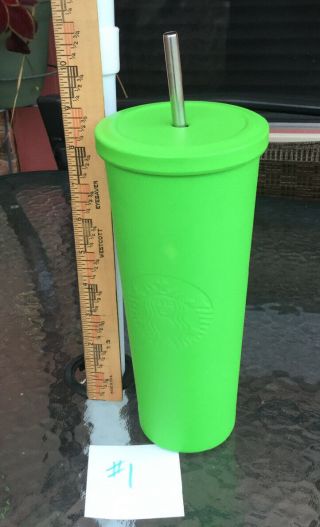 Starbucks Cold Cup Green Metal Tumbler 24 Oz W/ Lid & Metal Straw