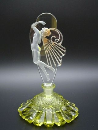 Antique Art Deco Yellow Czech/bohemia Perfume Bottle With Nude On Stopper