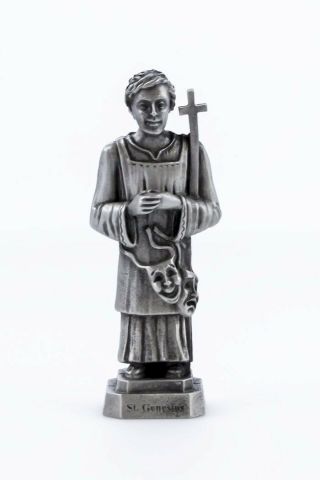Pewter Catholic Saint Genesius Statue With Laminated Prayer Card