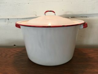 Vintage Enamelware White With Red Trim & Handles Pot With Lid
