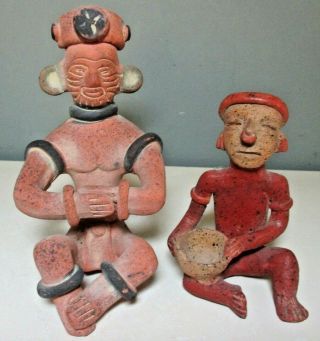 Colorful Set Of 2 Terra Cotta Clay Statues Inca Mayan Aztec Made In Mexico