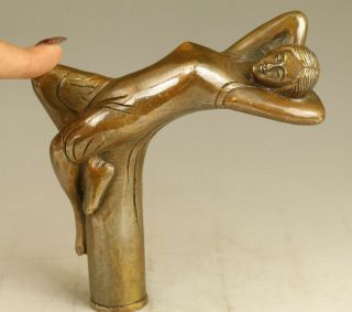 Asian Old Bronze Hand Carving Pretty Girl Statue Walking Stick Noble Gift