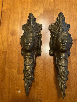2 Large Antique French Gilded Bronze Furniture Decoration,  Head Of Woman,  Flowers