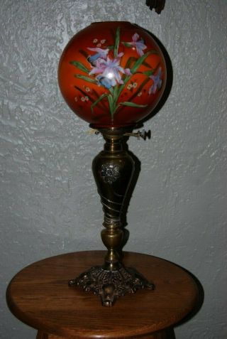 Antique Brass Parlor Lamp,  Banquet Lamp,  Flowered Globe,  P&a Duplex Burner.