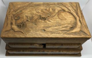 Vtg Hand - Carved Burl Wood Deer Scenery Jewelry Trinket Sewing Box - Read (rf984)