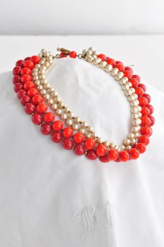 Miriam Haskell Vintage 4 - strand faux pearl and Red Bead Choker - Dove clasp 3