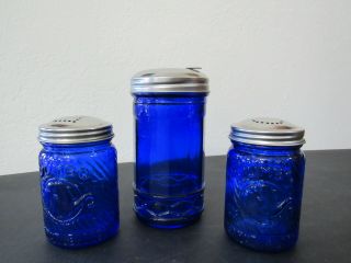 Vtg Adv Jumbo Peanut Butter Cobalt Blue Salt & Pepper Shakers W/ Sugar Dispenser