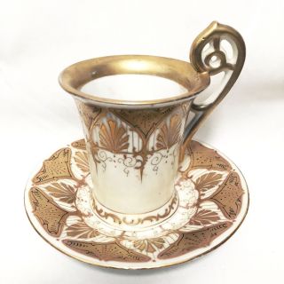 Antique Ovington Bros Set/ 6 “medallion” Austrian Antique Gilded Cups & Saucers