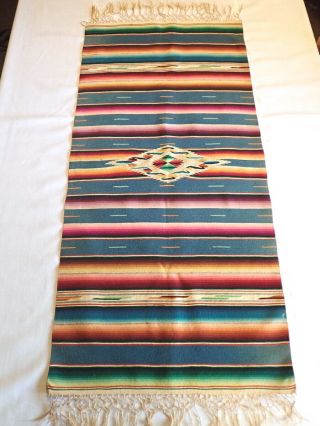 Vintage 1940s Mexican Wool Saltillo Serape Vibrant Table Runner Tightly Woven