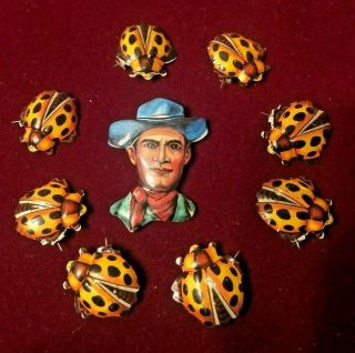 1950s Carnival Prizes Tin Toy Badges Pins 1 Tv Cowboy 8 Ladybugs Nos Japan
