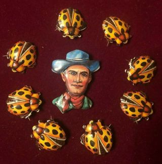 1950s Carnival Prizes Tin Toy Badges Pins 1 TV Cowboy 8 Ladybugs NOS Japan 3