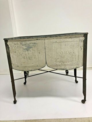 Vintage Double Basin Wash Tub Stand White Metal Rustic Garden Planter Cooler 50s