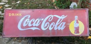 Vintage Embossed " Drink Coca Cola " Metal Advertising Sign Self Framed 53”x 18”