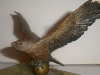 Exquisite Antique Vienna Cold Painted Bronze Eagle Sculpture On Marble Base