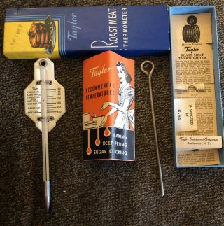 Vintage Taylor Roast Meat Thermometer Enamel Glass Metal Instructions And Box