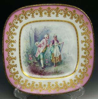 19c Sevres France Raised Gold Hand Painted Courting Couple Ormolu Plate