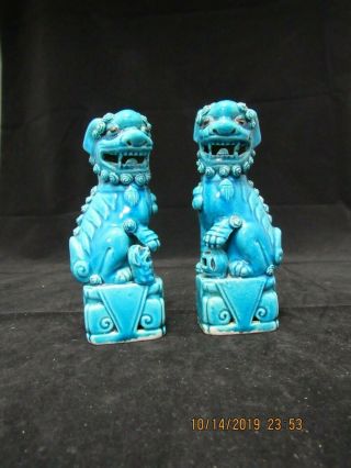 Vintage Pair Turquoise Blue Porcelain Foo Dogs Lions 6 Inches Tall