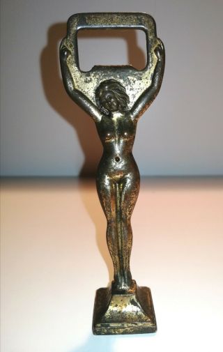 Rare Antique Art Deco 1920s Erotic Naked Lady Bottle Opener - Gilt Brass - No Res