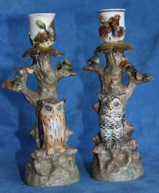 Antique Ernst Bohne Sohne Rudolstadt German Dresden Owl Candlesticks