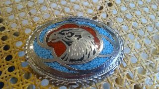 Large Silver & Turquoise Eagle Hawk Belt Buckle Vintage Western Native American