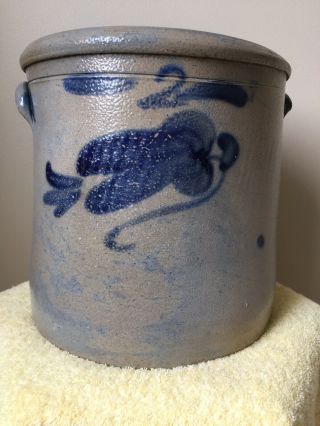 Antique 2 Gal.  Cobalt Blue Floral Motif Salt Glaze Stoneware Crock,  Exc.  Cond.