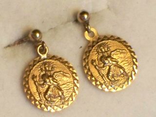 Pair Small Vintage 9ct Gold St Christopher Drop Earrings