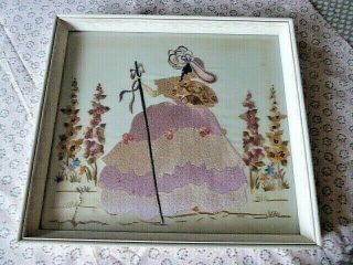 Vintage Hand Embroidered Picture /framed - Crinoline Lady - Lovely Work