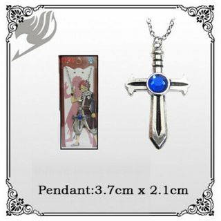 Rare Anime Fairy Tail Gray Metal Silver Cross Weapon Necklace Chian Blue Gem