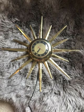Vintage Mid Century Retro United Sunburst Starburst Gold Wall Clock Atomic