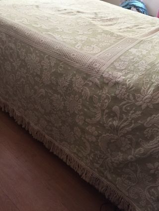 Vtg 70s Queen Light Green Bates Bedspread Throw Blanket Fringe Thick Cotton USA 3