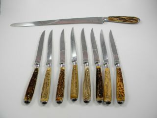 Vintage Abercrombie&fitch Stag Horn Knife Set Carving Knife & 8 Steak Knives,  Nr