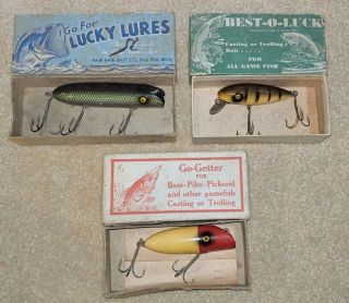 3 Vintage Fishing Lures In Boxes - Exc (go - Getter - Best - O - Luck)