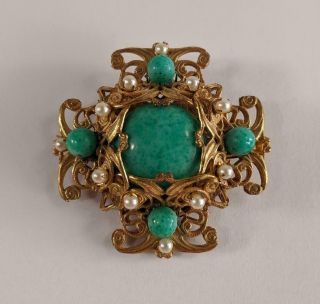 Vintage Miriam Haskell Green Peking Art Glass Filigree Brooch Pin Jade Turquoise