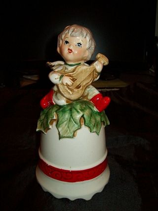 Lefton Music Box Angel Sitting On A Bell Playing A Ukulele Plays Silent Night