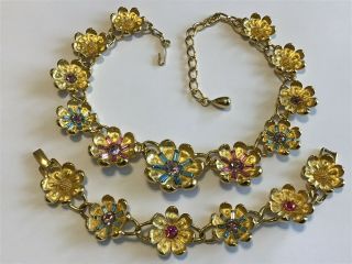 Vintage Trifari Signed Purple And Blue Rhinestone Flower Necklace & Bracelet