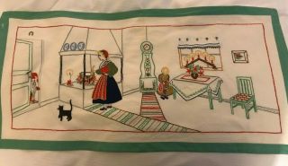 Swedish Vintage 1920s Embroidered Table Mat,  Father Christmas Creeping In